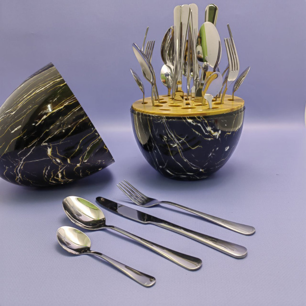 Набор столовых приборов в Футляре - Яйце Maxiegg 24 предмета / Премиум класс, цвет ЧЕРНЫЙ МРАМОР